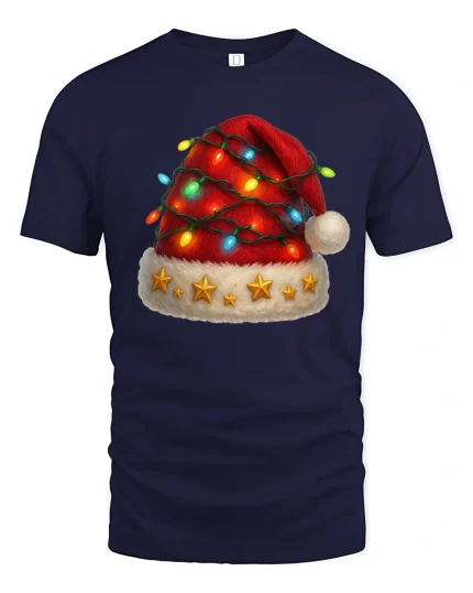 Festive Santa Hat Tee With Twinkling Holiday Lights - navy t-shirt on white background