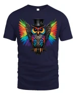Rainbow Owl Tee With Bold Colorful Wings And Cool Style - navy t-shirt on white background