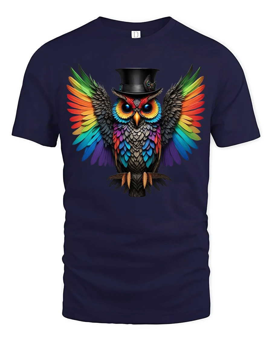 Rainbow Owl Tee With Bold Colorful Wings And Cool Style - 1 Rainbow Owl Tee With Bold Colorful Wings And Cool Style - navy t-shirt on white background
