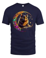 Mystic Moon Cat Tee With Cosmic Glow And Magical Vibes - navy t-shirt on white background