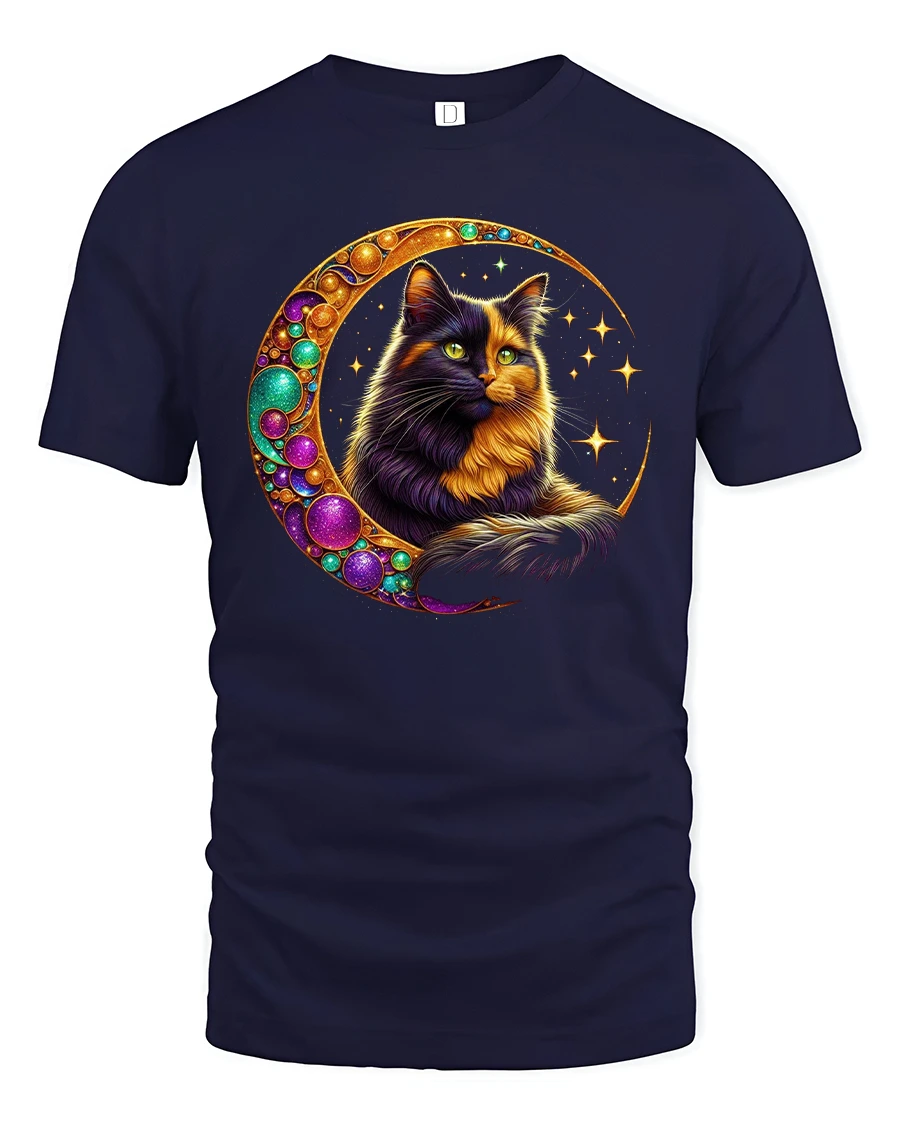 Mystic Moon Cat Tee With Cosmic Glow And Magical Vibes - 1 Mystic Moon Cat Tee With Cosmic Glow And Magical Vibes - navy t-shirt on white background