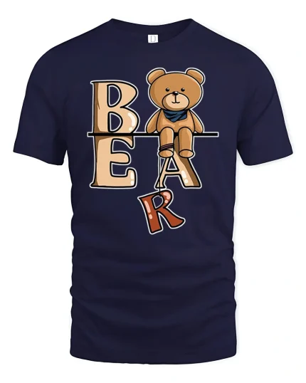Cute Bear Letter Tee With Playful Cartoon Style Art - navy t-shirt on white background
