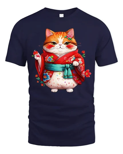 Cute Kimono Cat Tee With Adorable Japanese Style Art - navy t-shirt on white background