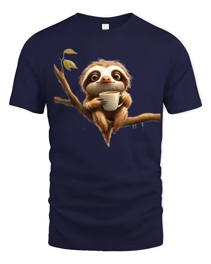 Cute Coffee Sloth Tee With Cozy Morning Chill Vibes - navy t-shirt on white background