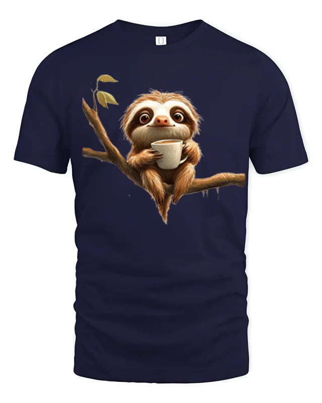Cute Coffee Sloth Tee With Cozy Morning Chill Vibes - navy t-shirt on white background