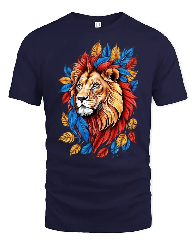 Majestic Colorful Lion Art Tee With Bold Wild Energy - navy t-shirt on white background