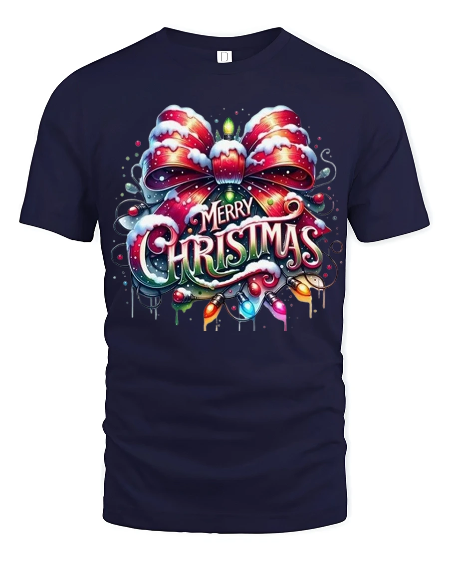 Merry Christmas Bow Lights Graphic Tee With Festive Cheer - 1 Merry Christmas Bow Lights Graphic Tee With Festive Cheer - navy t-shirt on white background