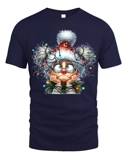 Funny Christmas Lights Granny Tee With Holiday Chaos Charm - navy t-shirt on white background