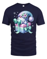 Cute Gift Box Gnome Graphic Tee With Cozy Winter Fantasy Art - navy t-shirt on white background