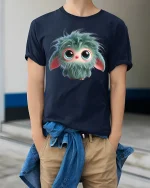 Cute Fluffy Monster Tee With Big Eyes Soft Mood Charm - model wearing navy tee with hands in pockets