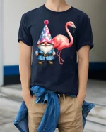 Funny Gnome And Flamingo Tee With Whimsical Party Vibes - model wearing navy tee with hands in pockets
