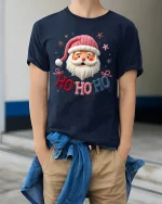 Ho Ho Ho Santa Claus Tee With Cute Cozy Holiday Cheer - model wearing navy tee with hands in pockets