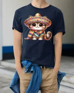 Cute Sombrero Cat Tee With Colorful Fiesta Vibes - model wearing navy tee with hands in pockets