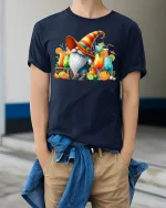 Funny Cocktail Gnome Graphic Tee With Colorful Summer Drink Art - model wearing navy tee with hands in pockets