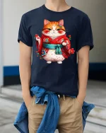Cute Kimono Cat Tee With Adorable Japanese Style Art - model wearing navy tee with hands in pockets