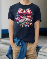 Merry Christmas Bow Lights Graphic Tee With Festive Cheer - model wearing navy tee with hands in pockets