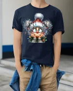 Funny Christmas Lights Granny Tee With Holiday Chaos Charm - model wearing navy tee with hands in pockets