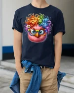 Colorful Owl With Glasses Graphic Tee Full Of Fun Personality - model wearing navy tee with hands in pockets