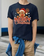 Merry Christmas Reindeer Graphic Tee With Cute Festive Cheer - model wearing navy tee with hands in pockets