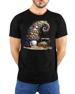 Whimsical Treasure Gnome Graphic Tee With Ocean Shell Fantasy Art - model wearing black tee with hands behind back