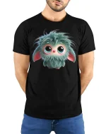 Cute Fluffy Monster Tee With Big Eyes Soft Mood Charm - model wearing black tee with hands behind back