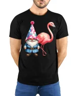 Funny Gnome And Flamingo Tee With Whimsical Party Vibes - model wearing black tee with hands behind back