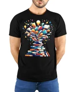 Creative Book Explosion Tee With Bright Ideas And Knowledge - model wearing black tee with hands behind back