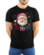 Ho Ho Ho Santa Claus Tee With Cute Cozy Holiday Cheer - model wearing black tee with hands behind back