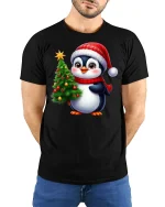 Cute Christmas Penguin Tee With Cozy Holiday Cheer - model wearing black tee with hands behind back