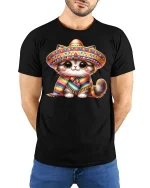Cute Sombrero Cat Tee With Colorful Fiesta Vibes - model wearing black tee with hands behind back