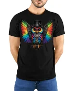 Rainbow Owl Tee With Bold Colorful Wings And Cool Style - model wearing black tee with hands behind back