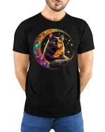 Mystic Moon Cat Tee With Cosmic Glow And Magical Vibes - model wearing black tee with hands behind back