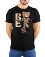 Cute Bear Letter Tee With Playful Cartoon Style Art - model wearing black tee with hands behind back