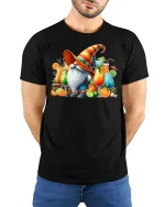 Funny Cocktail Gnome Graphic Tee With Colorful Summer Drink Art - model wearing black tee with hands behind back