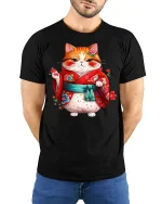 Cute Kimono Cat Tee With Adorable Japanese Style Art - model wearing black tee with hands behind back