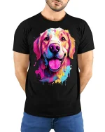 Colorful Paint Splash Dog Tee With Happy Artistic Energy - model wearing black tee with hands behind back