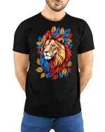 Majestic Colorful Lion Art Tee With Bold Wild Energy - model wearing black tee with hands behind back