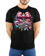Merry Christmas Bow Lights Graphic Tee With Festive Cheer - model wearing black tee with hands behind back