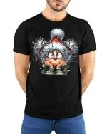 Funny Christmas Lights Granny Tee With Holiday Chaos Charm - model wearing black tee with hands behind back