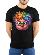 Colorful Owl With Glasses Graphic Tee Full Of Fun Personality - model wearing black tee with hands behind back