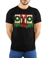 Joyful Christmas Reindeer Graphic Tee With Festive Holiday Charm - model wearing black tee with hands behind back