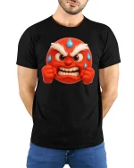 Angry Emoji Face Tshirt With Funny Stress Relief Vibes - model wearing black tee with hands behind back