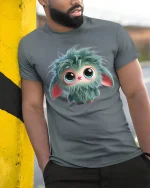Cute Fluffy Monster Tee With Big Eyes Soft Mood Charm - model wearing grey tee, leaning on column