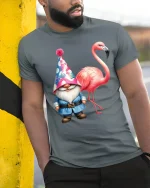 Funny Gnome And Flamingo Tee With Whimsical Party Vibes - model wearing grey tee, leaning on column