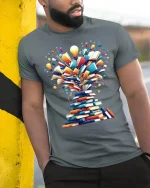 Creative Book Explosion Tee With Bright Ideas And Knowledge - model wearing grey tee, leaning on column