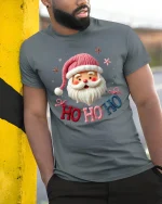Ho Ho Ho Santa Claus Tee With Cute Cozy Holiday Cheer - model wearing grey tee, leaning on column