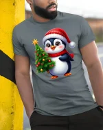 Cute Christmas Penguin Tee With Cozy Holiday Cheer - model wearing grey tee, leaning on column