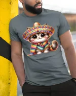 Cute Sombrero Cat Tee With Colorful Fiesta Vibes - model wearing grey tee, leaning on column