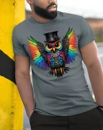 Rainbow Owl Tee With Bold Colorful Wings And Cool Style - model wearing grey tee, leaning on column