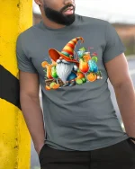 Funny Cocktail Gnome Graphic Tee With Colorful Summer Drink Art - model wearing grey tee, leaning on column